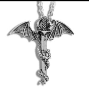 New 1pc Winged Dragon With Silver Colored Sword Necklace, T5B4A